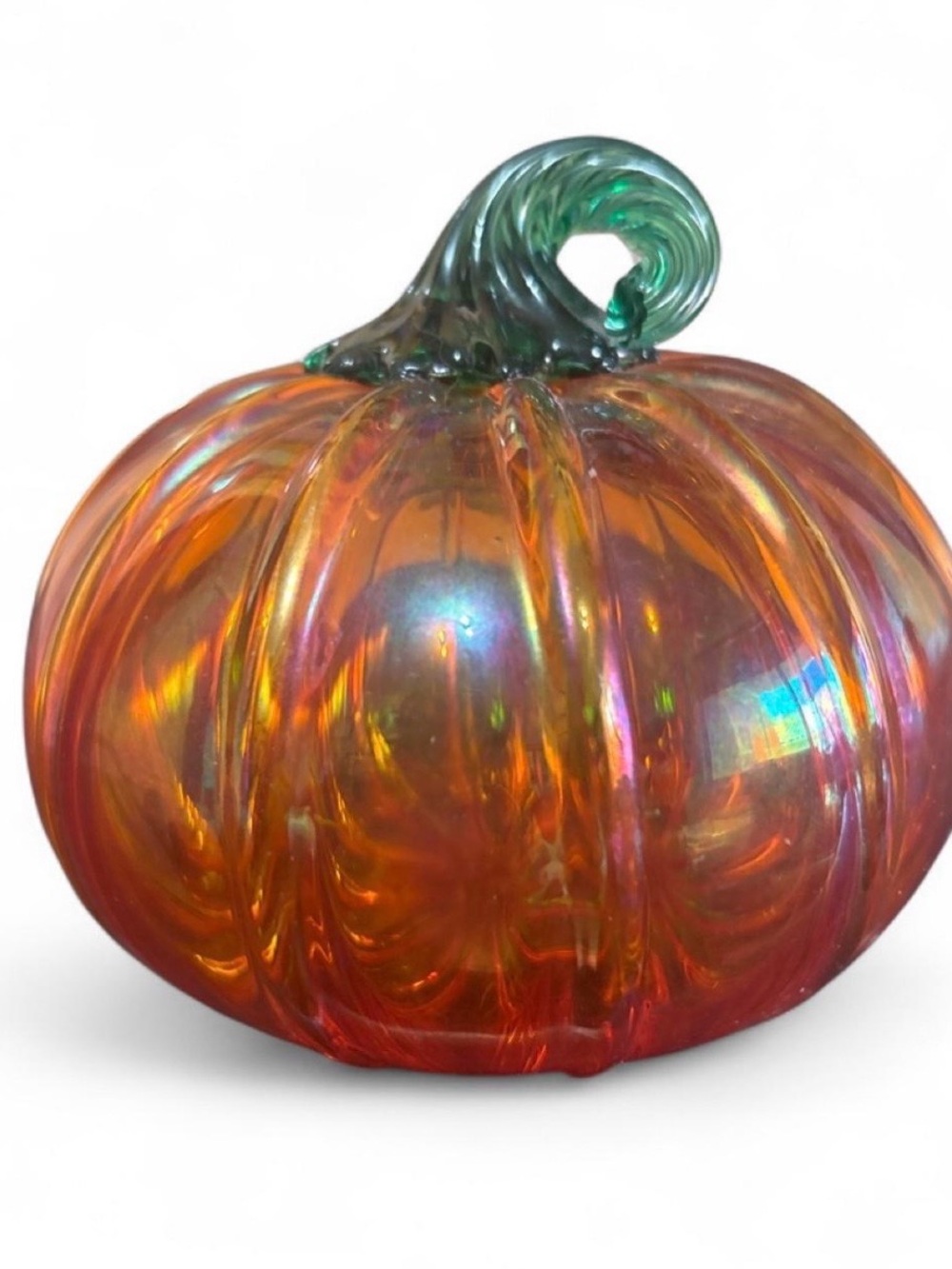 Iridescent Orange Glass Pumpkin with Green Stem Holiday Accent